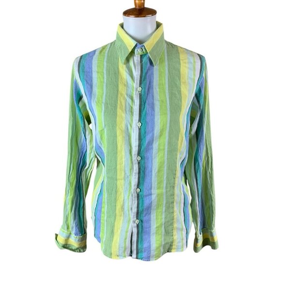 Craig Taylor Green Blue Yellow Striped Button Down Shirt Long Sleeve Large - Picture 1 of 4